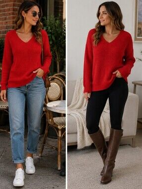 a.n.a Red V-Neck Sweater with Relaxed Fit